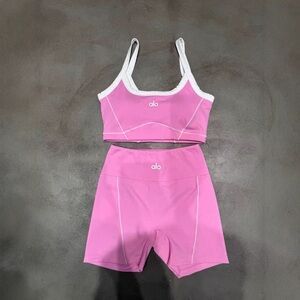 Alo Pink White Trim Sports Bra & Bike Shorts Set